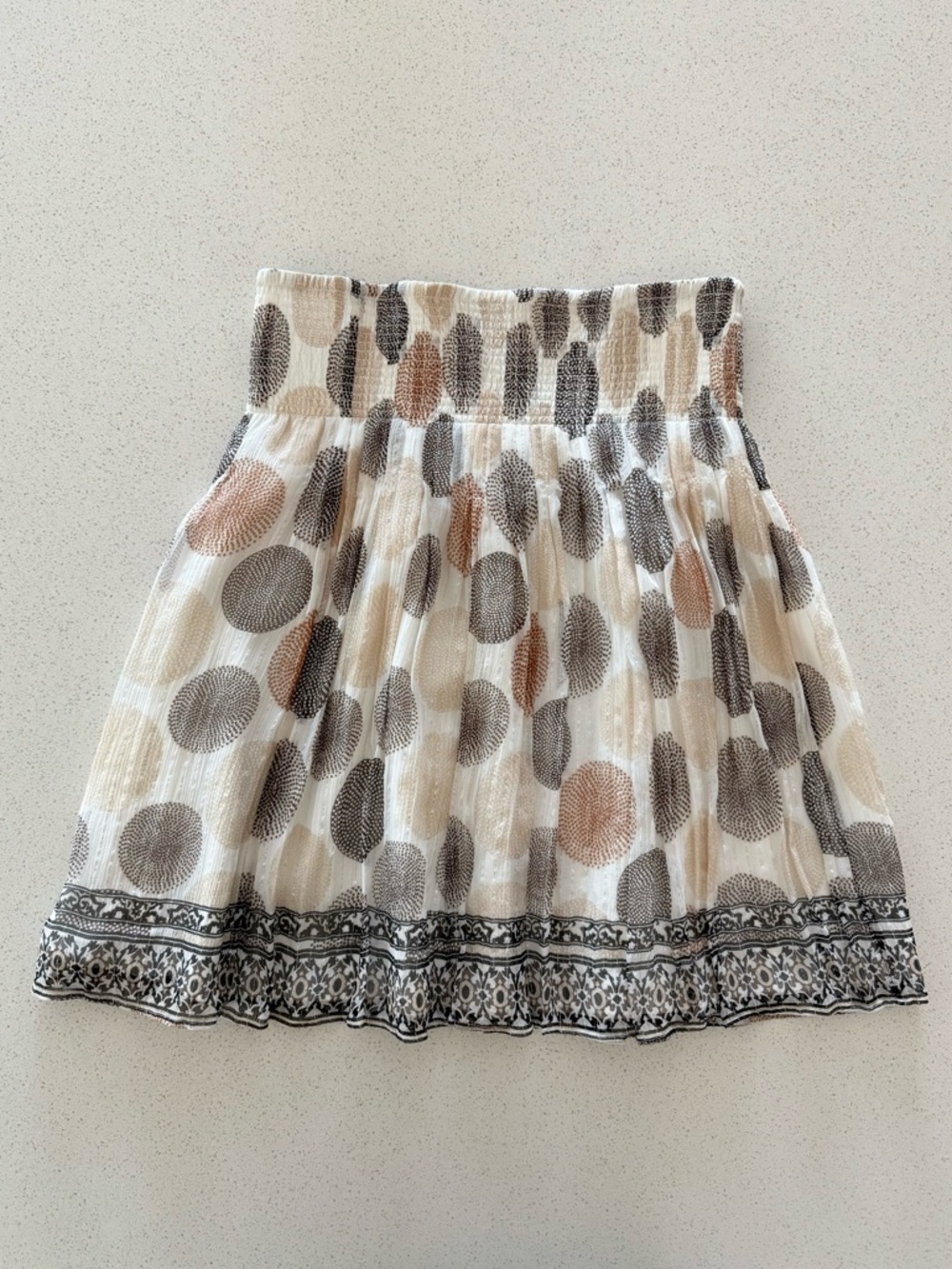 White House Black Market Polka Dot Smocked Waist Skirt in Cream & Taupe